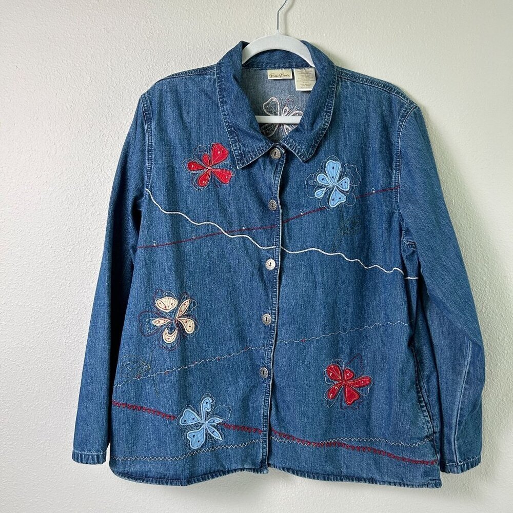 Bobbie Brooks Top Womens Size L 12 14‎ Blue Denim Button Up Embroidered Flowers